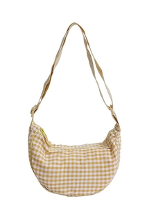 Minimalist yellow and white checkered canvas crescent bag with adjustable shoulder strap