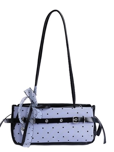 Polka dot baguette bag in light blue stripes with black heart print and silk scarf