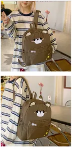 Detail of cute brown bear canvas backpack featuring 3D ears and fish bone patch embroidery