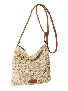 Chic woven crochet shoulder bag in beige with adjustable brown leather strap