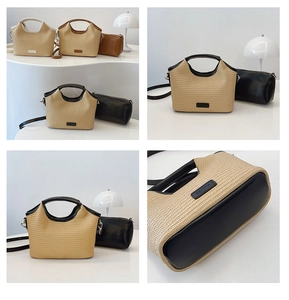 Détails du sac cabas en paille tressée avec bandoulière amovible et pochette assortie