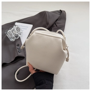 Macro shot of white pebble grain leather and elegant frame closure on crossbody bag
