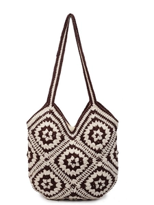 Sac fourre-tout au crochet style ethnique avec motifs floraux carrés et longue bandoulière