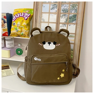Detail of cute brown bear canvas backpack showing embroidery and animal ear design