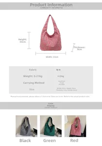 Detailed dimensions and color options for the large canvas plaid tote shopping bag