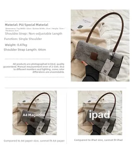 Détails du sac sous le bras gris texturé avec dimensions et longueur de la bandoulière