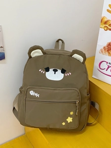 Brown teddy bear canvas backpack with 3D ears and cute embroidery for students