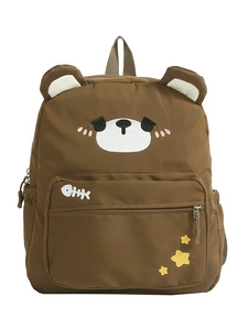 Cute brown canvas bear backpack with 3D ears and cartoon embroidery for school students