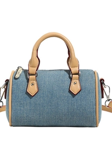 Mini blue denim pillow bag with khaki leather trim and detachable shoulder strap