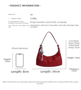 Size chart for the PU hobo bag with dimensions 34x7.5x14cm and iPhone size comparison