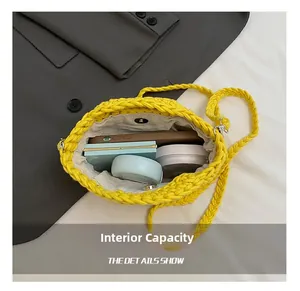 Macro view of bright yellow woven bucket bag showing its internal storage capacity