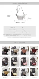 Detailed dimension chart and color grid for the versatile PU leather crossbody bucket bag