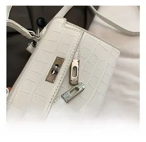 Detailed view of silver twist lock and crocodile texture on white mini Kelly bag