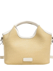 Grand sac cabas en paille avec bordure en cuir crème et bandoulière réglable