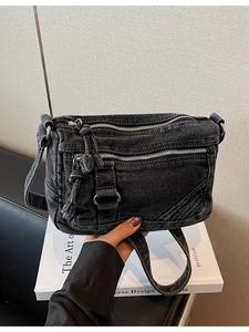 Vintage Washed Denim Crossbody Bag For Women Fashion Multi Zipper Utility Small Square Shoulder Bag Casual Daily Messenger Bag