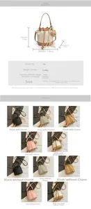 Detailed size guide and multi-color specifications for the PU leather bucket bag with scarf