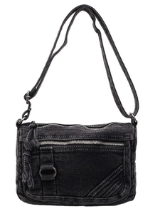 Retro denim crossbody bag in washed black with tactical multi-zipper and metal hardware