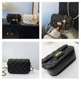 Detailed views of quilted crossbody bags with golden adjustable ball chain and turn-lock