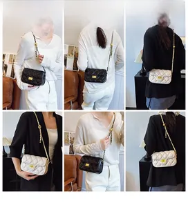 Collage of six views showing the crossbody bag chain strap and metal ball lock detail