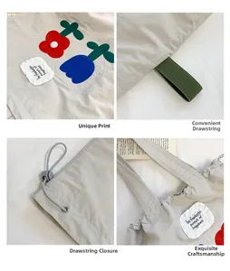 Detail of floral embroidery and drawstring closure on canvas tote with ruffle patch