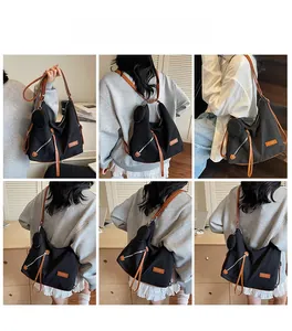 Model lifestyle shots of a black nylon tote bag with brown leather straps and coin purse