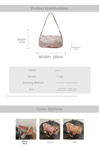 Detailed size chart for sequin embroidered shoulder bag showing dimensions and materials