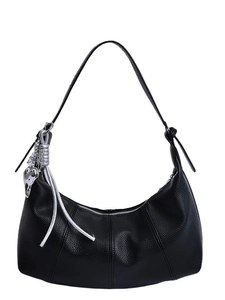 Black lychee leather hobo shoulder bag with silver heart pendant and tassel details