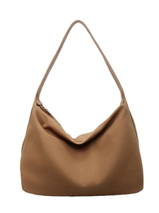 Grande borsa hobo minimalista in tela marrone da donna con tracolla larga e chiusura lampo