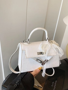 Trendy Crocodile Pattern PU Leather Mini Handbag For Women Elegant Lace Artificial Pearl Bow Pendant Top Handle Crossbody Shoulder Bag