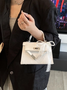 White crocodile pattern mini handbag with lace bow and pearl charm for women