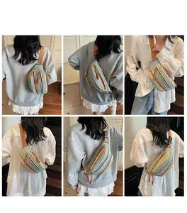 Multi-angle view of bohemian woven crossbody bag with ethnic stripes and fringe detail