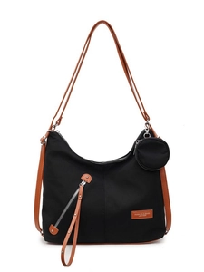 Black large nylon tote bag with brown leather trim and detachable coin purse