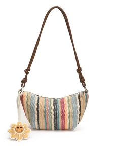 Colorful striped straw shoulder bag with sunflower charm and brown strap for summer