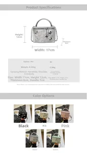 Detailed size and specs chart for butterfly box bag with dimensions and color options