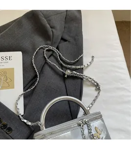 Close-up of a silver mini box bag featuring a decorative gold butterfly and chain strap
