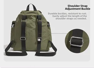 Détails des boucles métalliques réglables et des bretelles du sac à dos vert armée