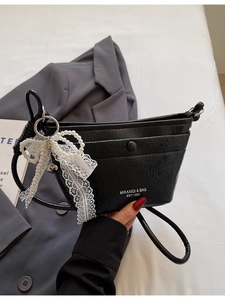 Women Crossbody Bag Pleated PU Leather Wrinkled Texture With Artificial Pearl Lace Bow Pendant Korean Style Fashion Sweet Bag