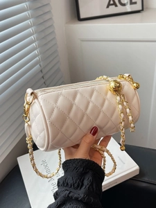 Sac Bandoulière Cylindrique en Cuir PU Matelassé Losange pour Femme Avec Chaîne en Métal et Breloque Boule Dorée Sac Baril