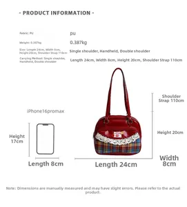 Red PU tote bag size comparison with smartphone and detailed technical specifications