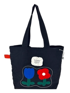 Navy blue canvas floral tote bag with embroidered flowers and inspirational text patch
