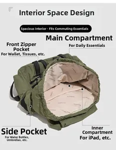 Vue détaillée du grand sac à dos vert olive montrant le compartiment et les poches internes