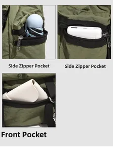 Détails du grand sac à dos en nylon vert militaire avec poches latérales et avant