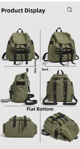 Vues détaillées multi-angles du sac à dos extérieur en nylon vert olive avec boucles