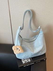 Large Capacity Cartoon Cat Embroidered Hobo Bag For Women Casual PU Leather Crossbody Bag With Adjustable Strap And Plush Pendant