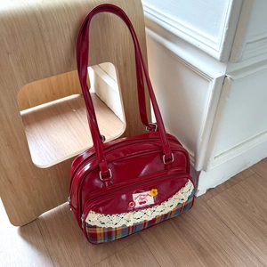Retro red bowling shoulder bag with lace trim and cherry patch in Japanese school style