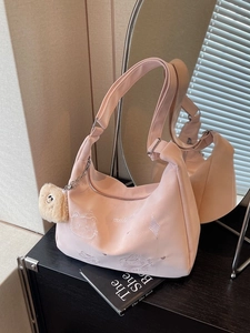 Pink crescent shoulder bag with cute embroidery, large capacity and plush charm pendant