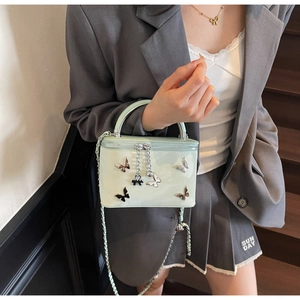 Detail of mint green patent leather bag with silver butterfly accents and chain strap