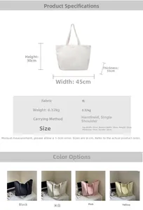 Detailed size guide and four color variations of this large canvas tote bag for women