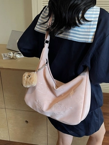 Pink canvas hobo bag with cute cat embroidery and adjustable strap for women