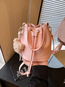 Women Fashion PU Leather Bucket Bag Stylish Pleated Drawstring Shoulder Crossbody Bag With Cute Bear Charm For Daily Use